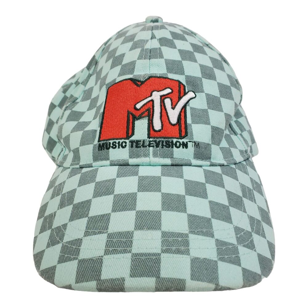 MTV Hat Adult One Size White Gray Checker Embroidered Logo Adjustable Music